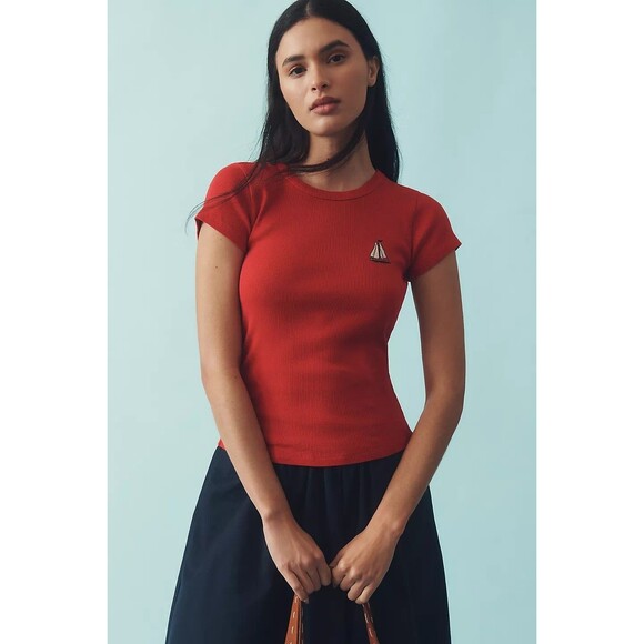 Anthropologie Maeve Embroidered Baby Tee Blouse Top Short Sleeve XXS NWT  280324 - Picture 1 of 9